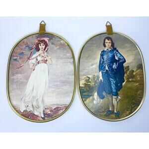 Vintage BLUE BOY Pink Girl Gainsborough Litho Print On Board Gold Frame Velvet